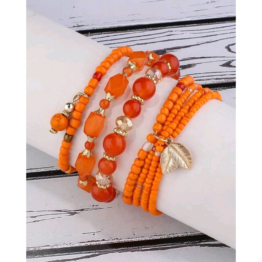 Boho Style Leaf Pendant Beaded 4-pc. Bracelet Set